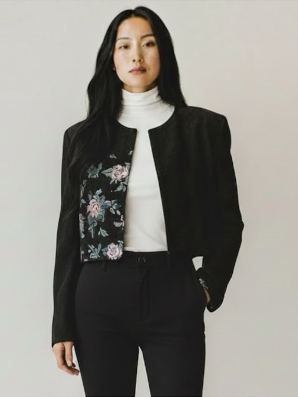 VERONICA BADIA Cropped Black Floral painted SUEDE JACKET